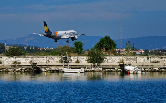 airplane flying into corfu